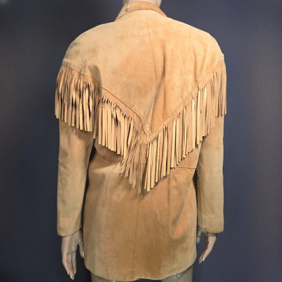 Vintage 90s Fringed Suede Jacket Size M Tan Brown Western Boho Hippie Festival - Picture 12 of 16